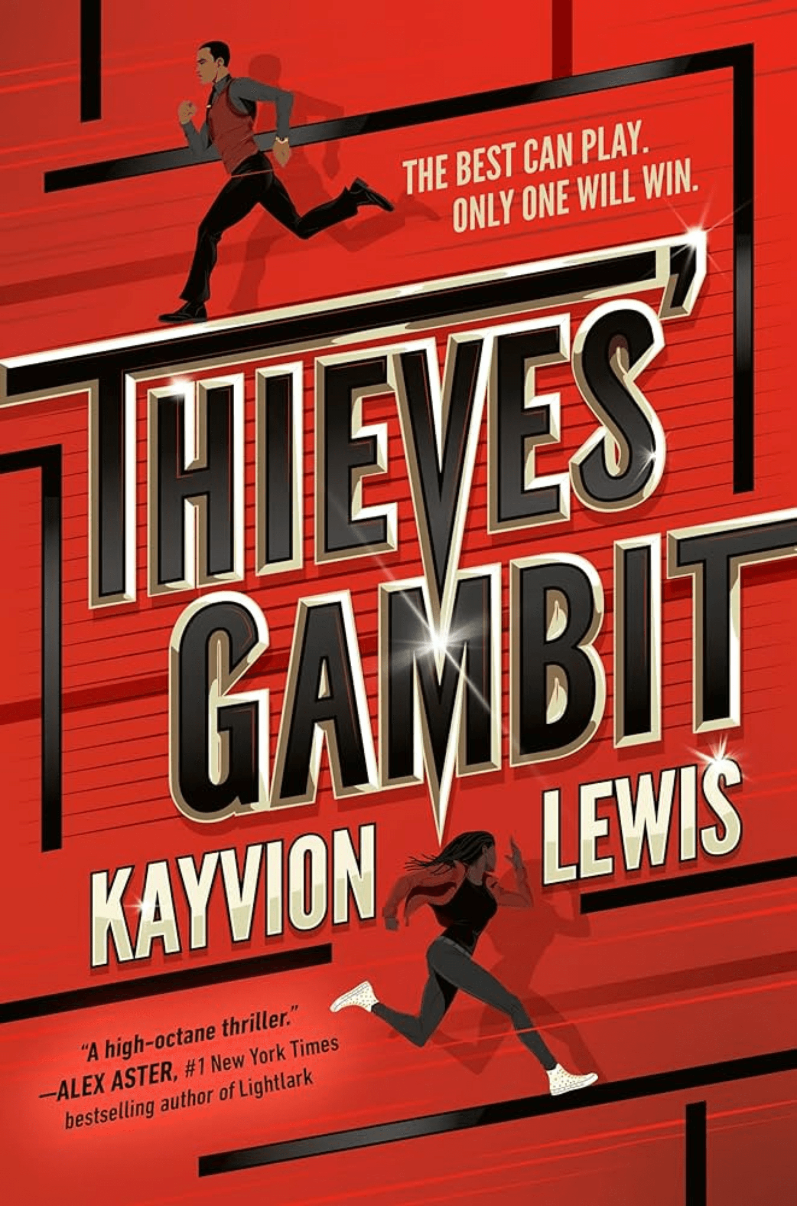 Red book cover showing the top of a maze, featuring two characters running in opposite directions.