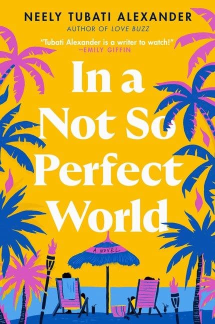 Yellow and blue book cover framed by palms featuring a beach umbrella and two loungers on either side.