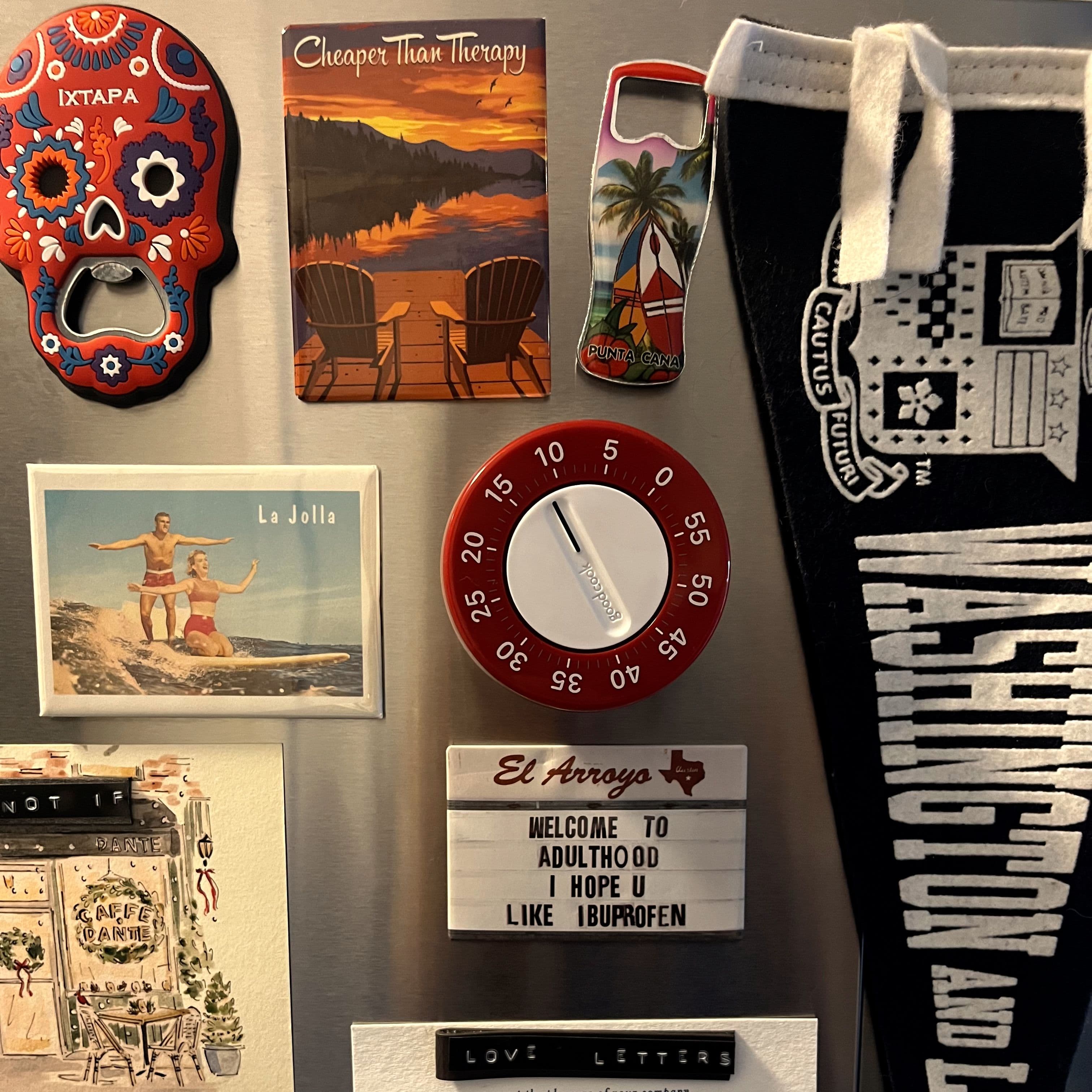 Fridge with cheeky magnets and a timer.