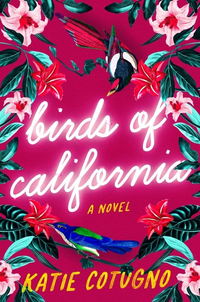 Pink book cover with tropical flowers and a bird