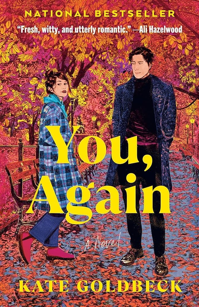 An illustrated book cover featuring a couple standing in Central Park against a backdrop of autumn leaves.
