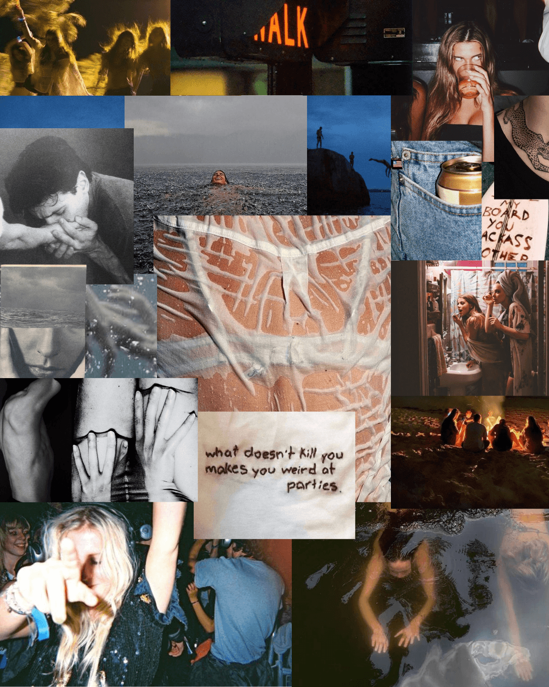 seaside collage including messy party imagery, swimming, beachside bonfires, and blurry "late night" photos.