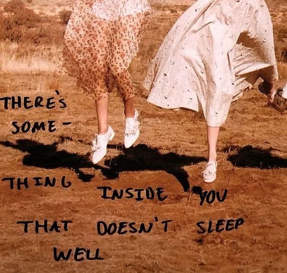 Graphic of two girls in dresses jumping with text reading "There's something inside you that doesn't sleep well."
