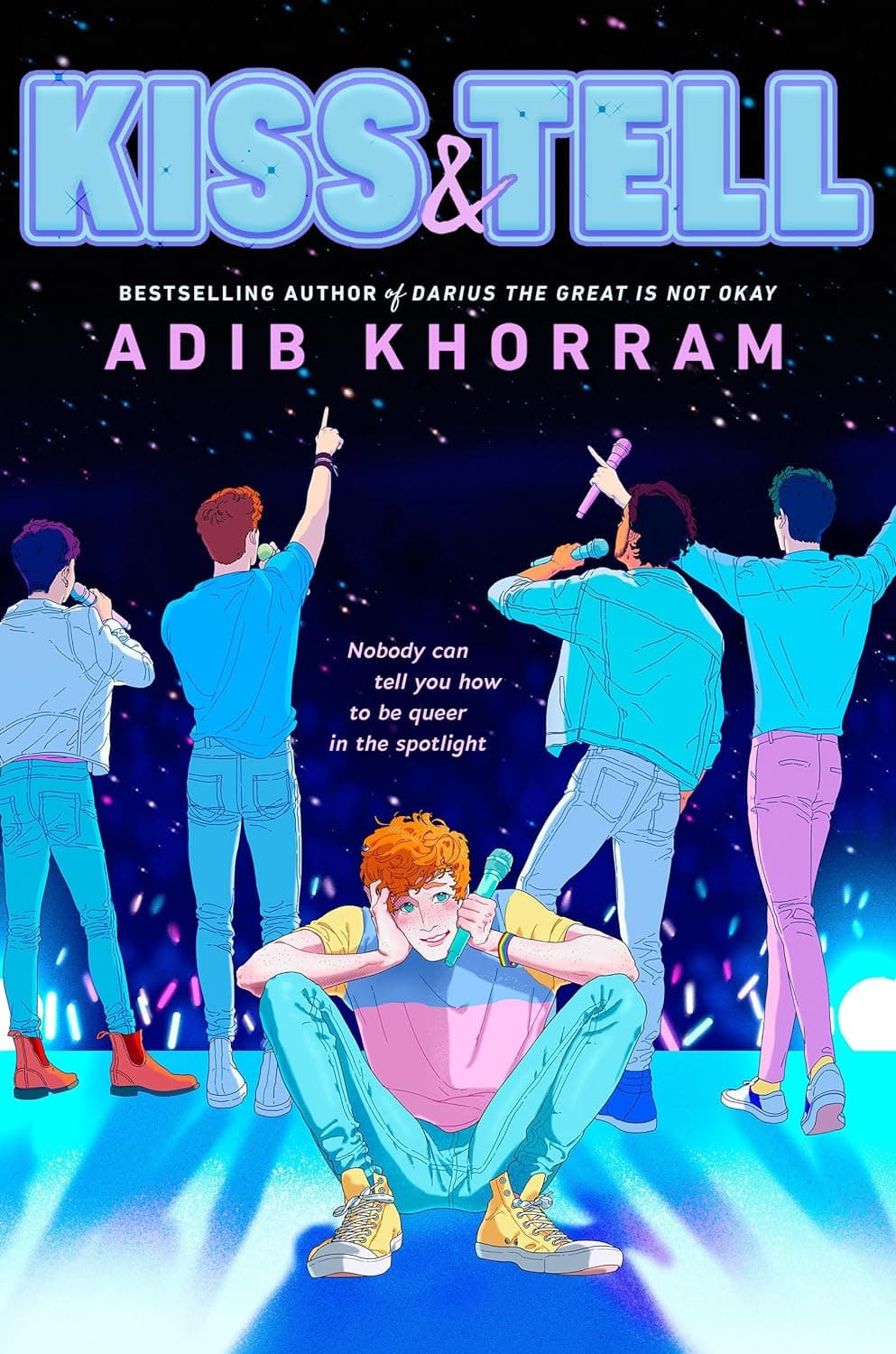 An animated book cover featuring five teenage boys looking out at a crowd with their backs to us, with one in the center crouched down looking at us with his hands over his ears.
