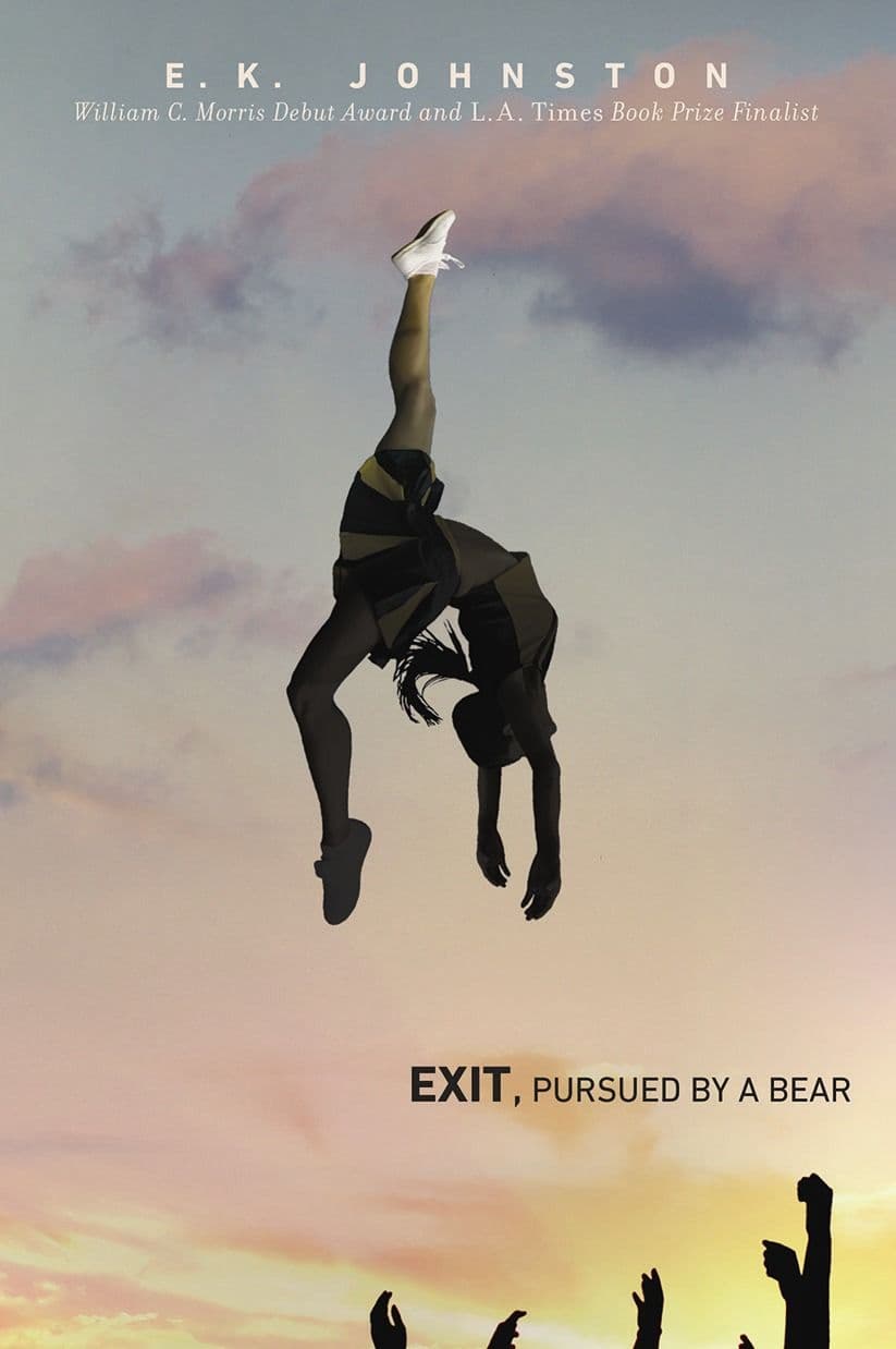 Book cover showing a cheerleader in the air upside down with an arched back and leg up straight.