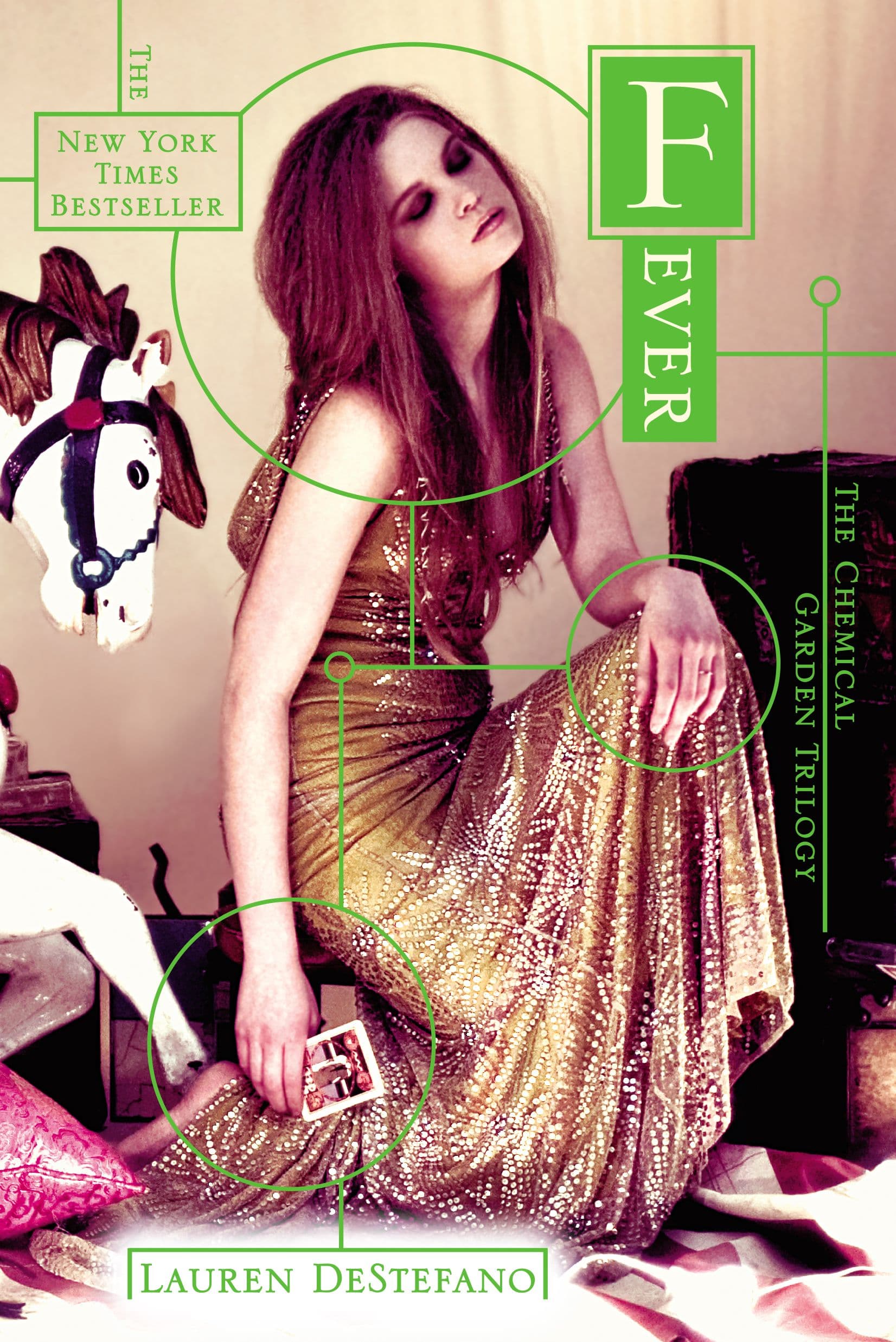 girl slouched in a gold dress holding a playing card in a carnival setting