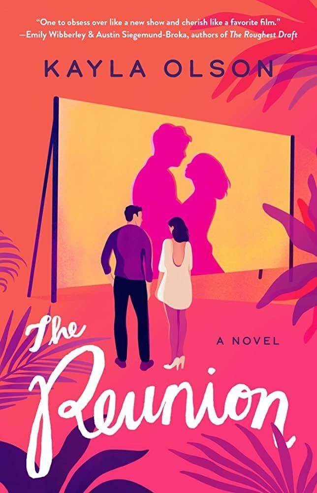 Pink and orange cover of costars standing in front of a projector screen, on which their silhouettes are embracing.