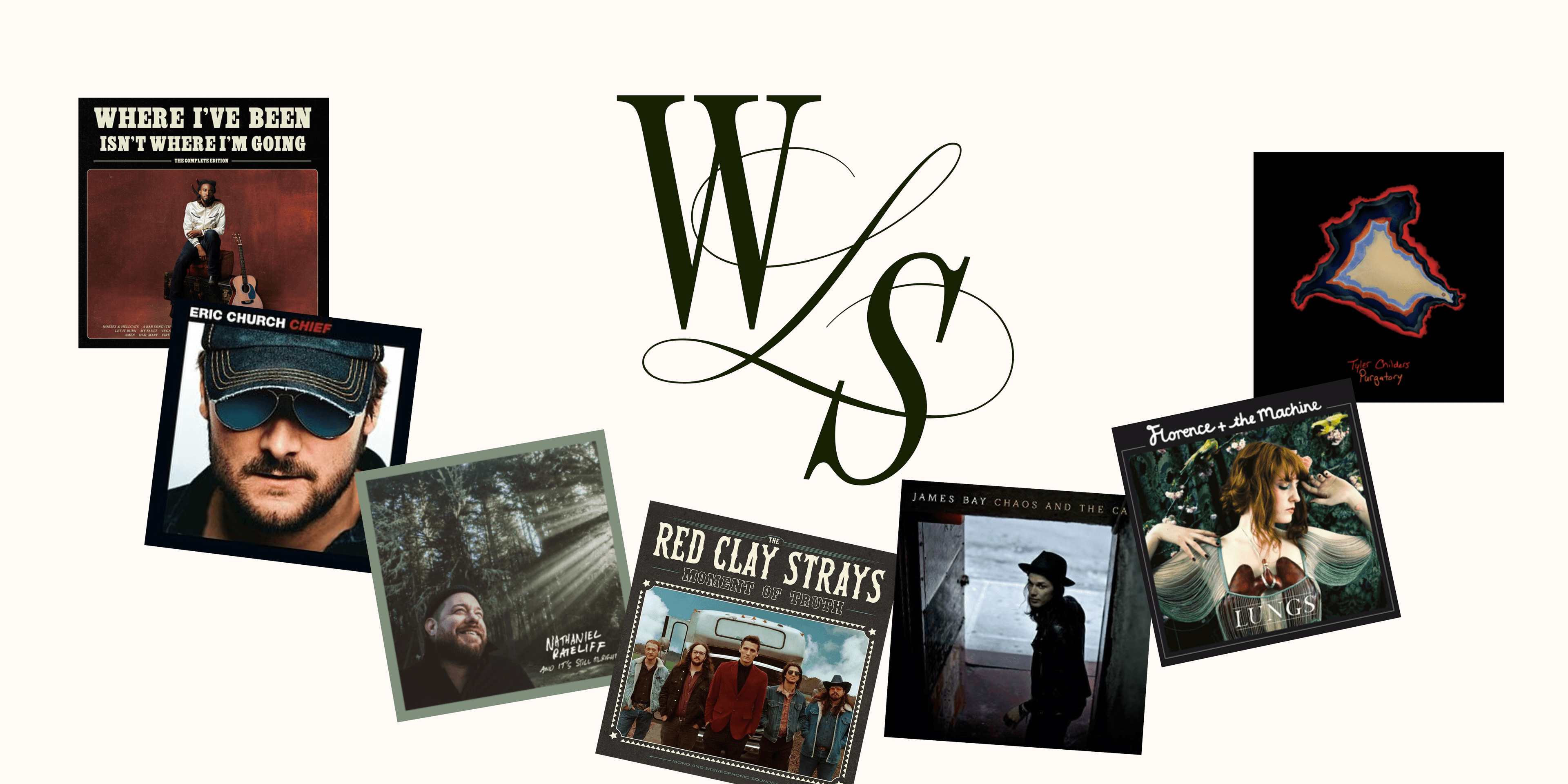 vinyl album covers pasted on cream background banner with WLS logo in cursive
