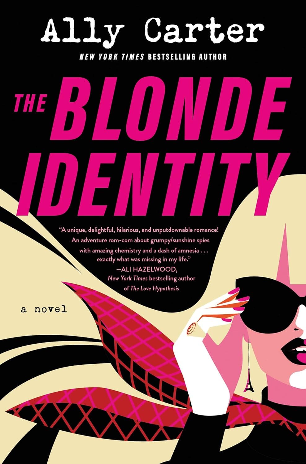 Book cover showing half the face of an illustrated blonde touching her sunglasses
