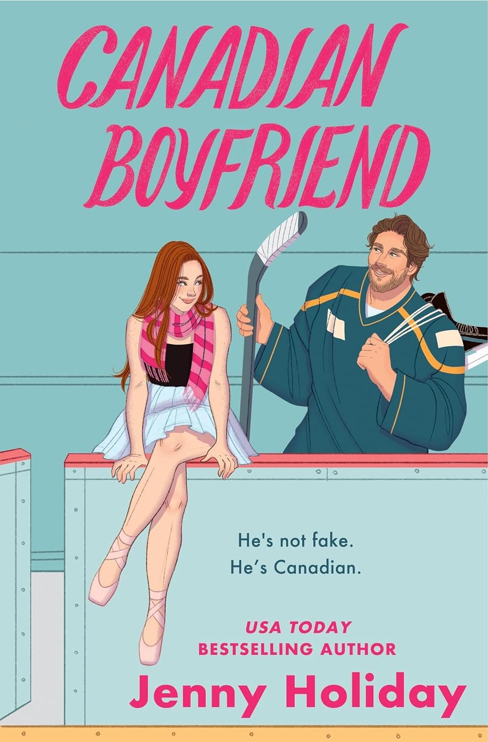Illustrated book cover of an NHL player in hockey gear and a ballerina sitting on the rink ledge beside him.