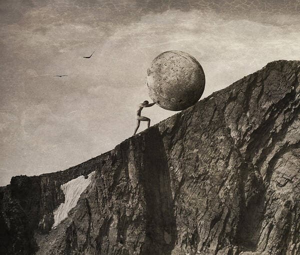 art print of sisyphus rolling boulder up hill