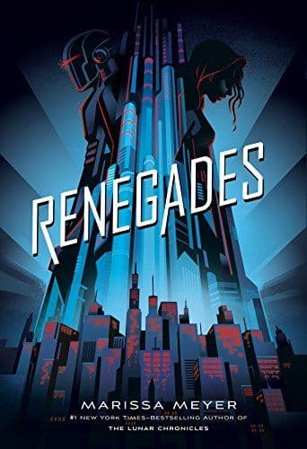 Book cover showing two superheros back to back with a city stretching up between them.
