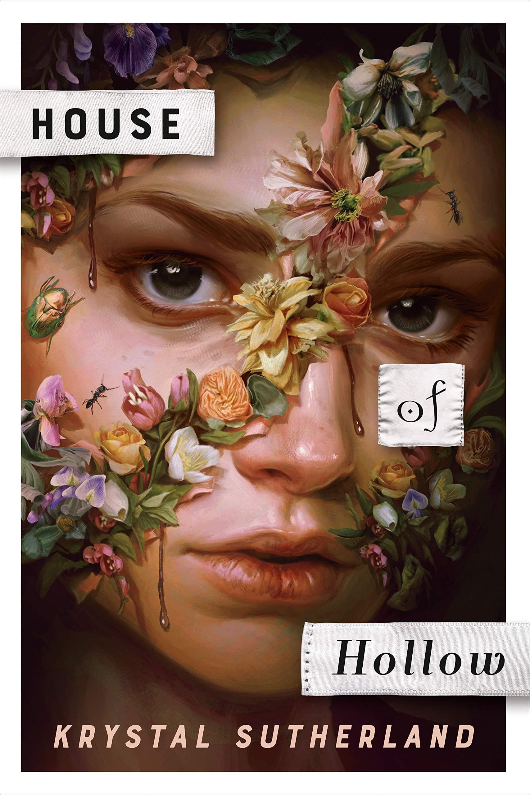 close up illustrated girl's face with a garland of flowers diagonally crossing it