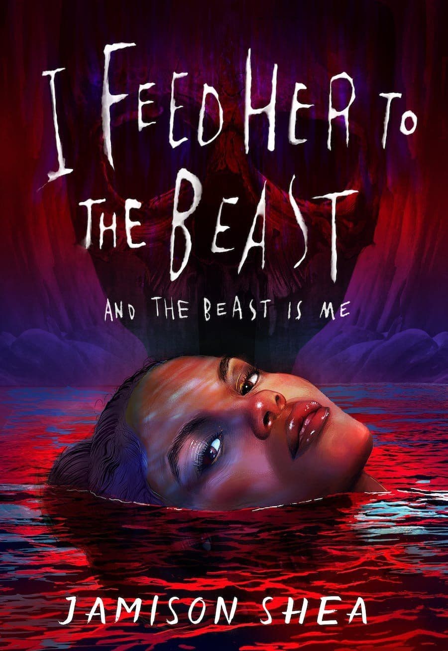 Portrait of a half-submerged black girl, face turned towards the viewer, in a sea of red-tinged water.