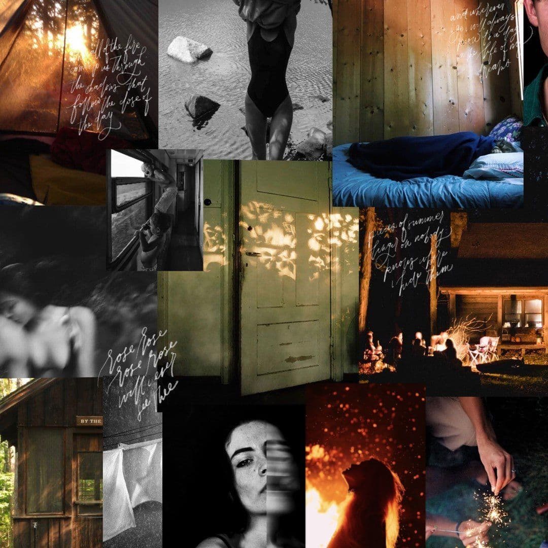Collage with moody mountain imagery and overlaid camp songs including fire, cabins, blurry couple photos, etc,.