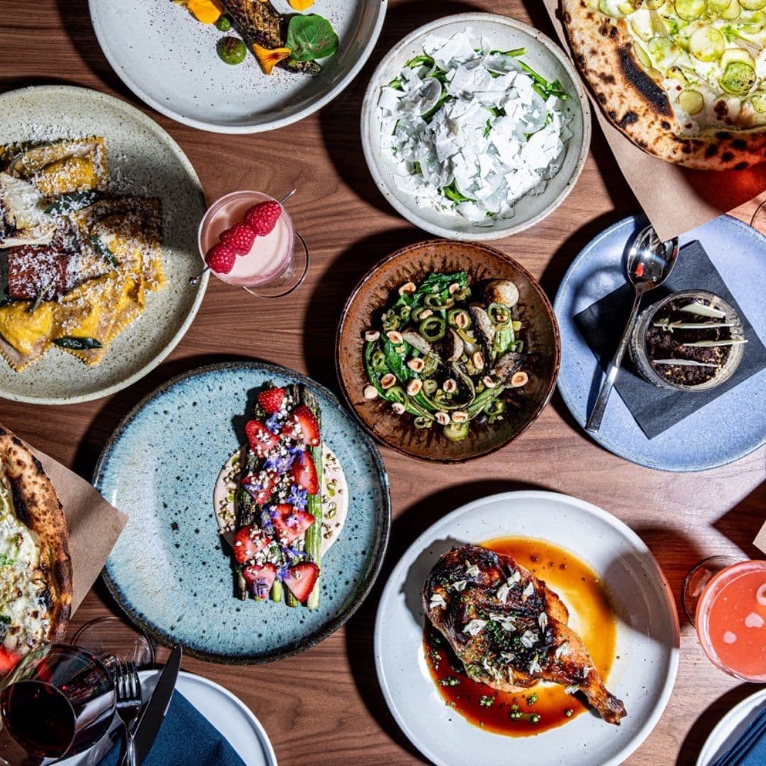Flat lay of brunch foods.