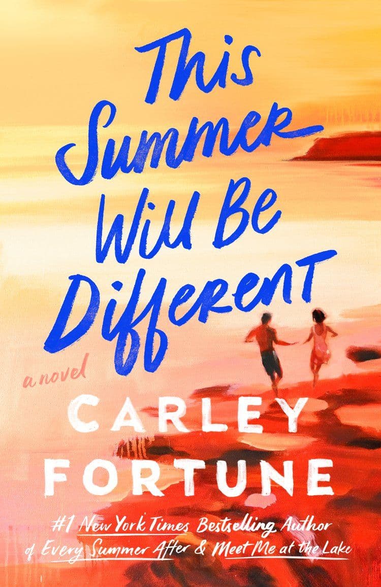 Illustrated orange, blue, and red book cover depicting a painted couple in swimsuits running towards a lakefront.