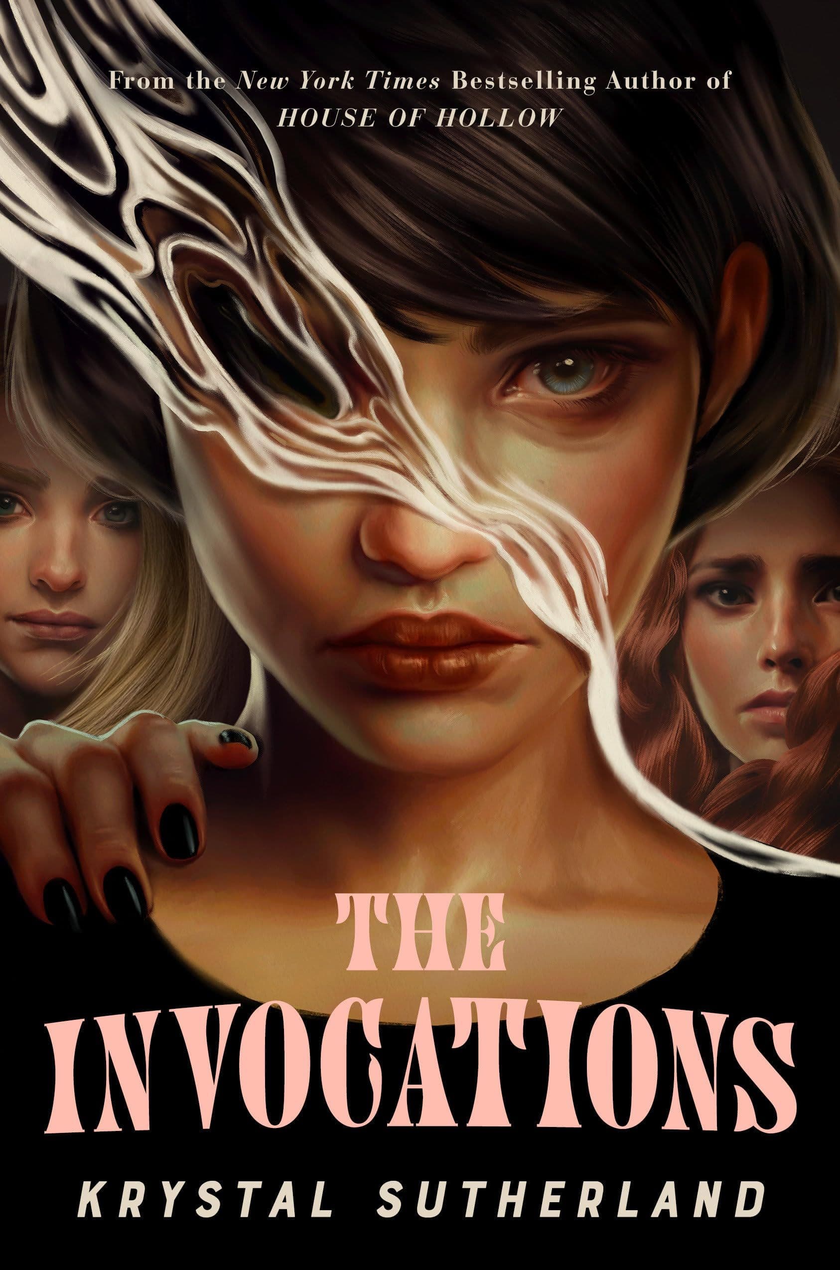 Dark book cover featuring one girl staring down the viewer, flanked by two others, with an eerie mist trailing down her face.