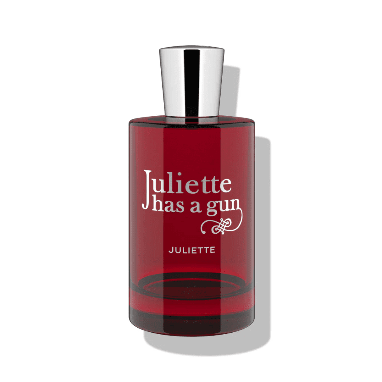 Dark red cylindrical perfume bottle with silver cap.
